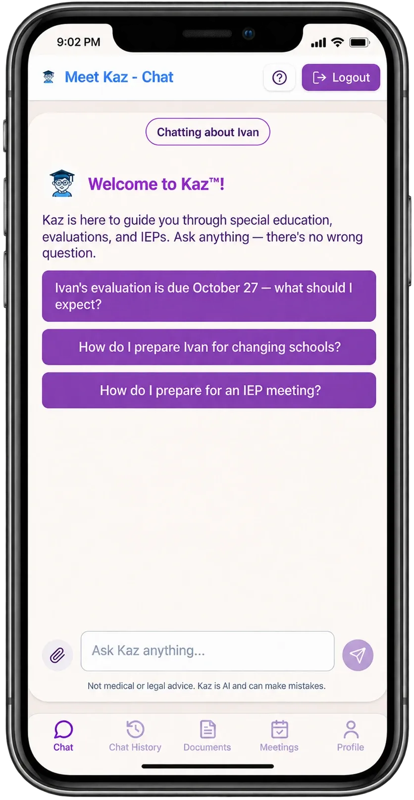 Phone screen showing Kaz’s chat welcome for a parent, with suggested questions about Ivan’s October 27 evaluation, changing schools and preparing for an IEP meeting.
