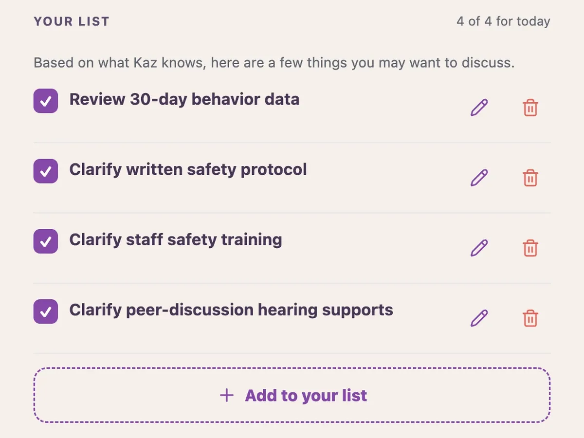 Screenshot of a parent’s Meeting Mode list: four topics Kaz suggested from the child’s records, each one checked and editable, with a button to add more.